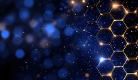 Glowing golden honeycomb pattern with connecting lines on dark blue bokeh background with light effects and sparkles, modern science and technology concept.