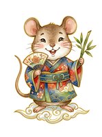 Cheerful mouse character wearing traditional ornate robe holding fan and bamboo branch, standing on decorative cloud. Isolated clipart suitable for children's designs, greeting cards, and apparel.