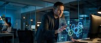 Focused businessman analyzing holographic data visualization and network connections in modern office environment for technology and innovation projects.