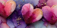 Watercolor hearts in pink and purple hues with gold glitter accents on textured paper background for romantic Valentine's Day greeting cards and love designs.