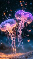 Luminescent jellyfish glowing in deep ocean waters with magical purple and orange lights, floating gracefully against dark background with bokeh effect.