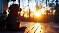 Dog silhouette sitting on wooden deck at sunset, golden sunlight streaming through trees creates warm atmospheric mood, peaceful outdoor scene at dusk.