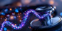 Magical glowing spiral of purple and blue particles floating above camera lens mount against dark background with bokeh lights and reflections.