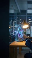 Businessman in dark suit interacting with holographic display showing predictive modeling and data streaming analytics at wooden desk with desk lamp, nighttime city skyline visible through office windows.