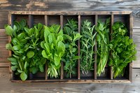 Fresh organic herbs and greens arranged in rustic wooden divided box, perfect for culinary, restaurant menu, healthy eating, and farm-to-table lifestyle content.