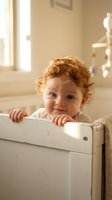 Adorable curly-haired toddler standing in white wooden crib in bright nursery room with warm natural lighting for parenting and childcare content.