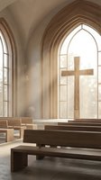Serene church interior with wooden cross silhouetted against arched gothic windows, empty pews, and warm natural light streaming through glass for worship and spirituality concepts.