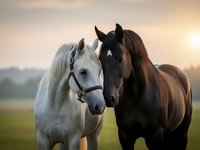 Two horses standing close together in golden sunset light, white and dark brown equines showing affection and companionship in pastoral meadow setting.