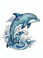 Ornamental dolphin leaping from decorative ocean waves with intricate swirls and floral patterns, isolated on white background for design projects.