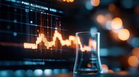 Financial market data visualization with glowing chart and glass on dark background with bokeh lights, modern trading analytics and investment concept.