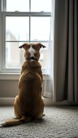 Brown dog sitting by window looking outside in cozy home interior with natural light and curtains for pet lifestyle and companionship concepts.