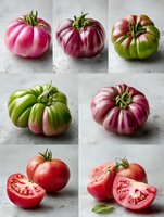 Colorful heirloom tomato varieties in collage format showing pink, purple, green, and red specimens with whole and sliced views on light background.