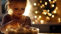 Young blonde girl baking cookies in kitchen with magical Christmas bokeh lights glowing in background, creating warm holiday atmosphere at home.