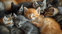Sleeping kittens in various colors cuddled together, ginger and grey tabby cats napping in a cozy pile, showing peaceful expressions and soft fur texture.