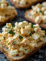 Scrambled eggs with fresh herbs on toasted bread slices arranged on dark slate surface. Protein-rich breakfast or brunch appetizer ready for serving.