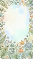 Soft watercolor botanical frame with owl, birds, ferns, flowers, and autumn leaves on a pastel blue-green background with copy space.