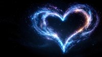 Cosmic heart shape formed by swirling blue and pink nebula clouds with sparkling stars against deep space background for romantic designs.
