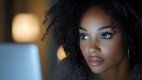 Young African American woman with natural curly hair and glowing makeup gazing confidently at camera against soft bokeh background, beauty and fashion portrait.