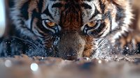 Close up portrait of majestic tiger eyes and face with water droplets splashing, showing intense amber gaze and detailed striped fur pattern in dramatic lighting.