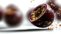 Fresh passion fruit cut in half floating in air with water drops and pulp splashing, dramatic lighting on dark background with selective focus and motion effect.