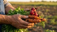 Farmer hands holding fresh organic carrots and radishes with green tops at sunset in agricultural field during harvest season.