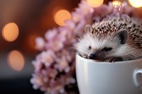 Adorable hedgehog sitting in white ceramic mug with purple flowers and warm bokeh lights creating cozy atmosphere for pet care and animal lover content.