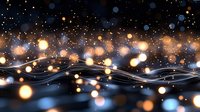 Glowing golden bokeh lights and flowing white waves create magical abstract background with sparkling particles and blurred luminous effects.