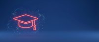 Neon glowing graduation cap icon with digital particles on deep blue background, representing education, learning, and academic achievement for online courses.