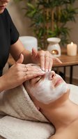 Professional spa therapist applying white facial mask to relaxed female client in serene wellness center with candles and plants creating peaceful atmosphere.