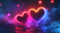 Glowing neon hearts with pink and blue gradient effect against dark background with stars and smoke, romantic Valentine's day concept for greeting cards.