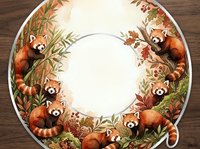 Adorable red pandas climbing bamboo branches in circular frame design on wooden background for nature-themed projects and wildlife conservation awareness.