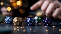 Colorful polyhedral dice arranged on dark surface with bokeh lights and scattered golden beads, dramatic gaming atmosphere for tabletop RPG and board games.