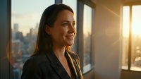 Middle-aged woman with dark hair and olive complexion wearing business attire, gazing out floor-to-ceiling windows at sunset cityscape from high-rise office. Corporate professional, leadership, ambition.