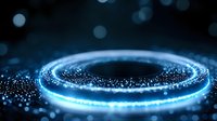 Glowing blue ring with sparkling particles and bokeh effects on dark background creates magical atmosphere for technology and innovation concepts.