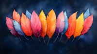 Vibrant autumn feathers in coral, yellow and blue arranged in row on dark background, creating decorative composition for seasonal designs and creative projects.