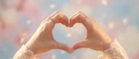 Female hands forming heart shape against dreamy bokeh sky background with soft pastel colors and sparkling lights creating romantic atmosphere for love concepts.