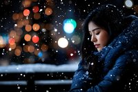 Young Asian woman with closed eyes in winter coat against blurred bokeh lights and falling snow, creating dreamy atmospheric night scene.