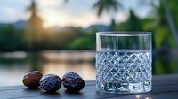 Glass of sparkling water with ice cubes on wooden table against tropical sunset background, accompanied by fresh dates, creating refreshing summer mood.