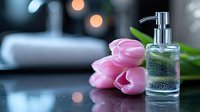 Transparent soap dispenser with pump beside fresh pink tulips on dark surface, soft bokeh background, spa and wellness concept.