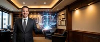 Professional businessman in suit presenting holographic legal scales technology in modern law office with warm lighting and elegant interior design.