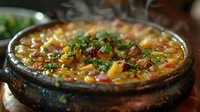 Hearty homemade corn chowder with bacon and fresh herbs served in rustic ceramic bowl, perfect for food photography, restaurant menus, and seasonal comfort food marketing.