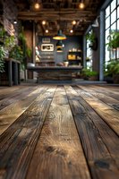 Rustic wooden floor planks in cozy cafe interior with warm lighting, hanging pendant lamps, and green plants. Low angle view creates depth perspective.
