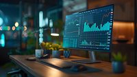 Trading workspace with financial charts and market data displayed on curved monitor screen in dark office setting with ambient lighting and decorative plants.