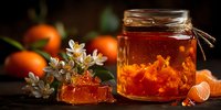 Orange marmalade in glass jar with citrus fruits and white blossoms on dark wooden background. Homemade preserve with natural ingredients for breakfast.