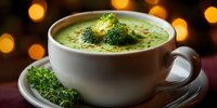 Creamy broccoli soup in white ceramic cup with fresh broccoli garnish and herbs on wooden surface with warm bokeh lights background for healthy dining.
