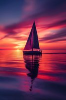 Sailboat silhouette against dramatic purple and orange sunset sky, reflecting in calm ocean waters. Peaceful maritime scene with vibrant colors and mirror-like reflection.