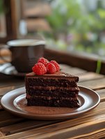 Rich chocolate layer cake slice topped with fresh raspberries on ceramic plate, dark coffee cup in background, rustic wooden table setting, soft natural lighting.
