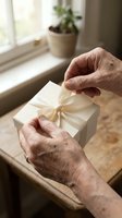 Senior adult hands unwrapping cream-colored gift box with ribbon bow near window with potted plant, suitable for holiday, celebration, and special occasion concepts.