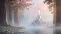 Mystical fantasy castle emerges from misty lake surrounded by enchanted forest with pink cherry blossoms at dawn creating magical fairytale landscape scene.