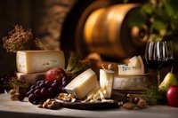 Gourmet cheese board with assorted artisanal cheeses, fresh fruits, nuts, and red wine glass on rustic wooden table. Dark moody background with wine barrel creates elegant atmosphere.